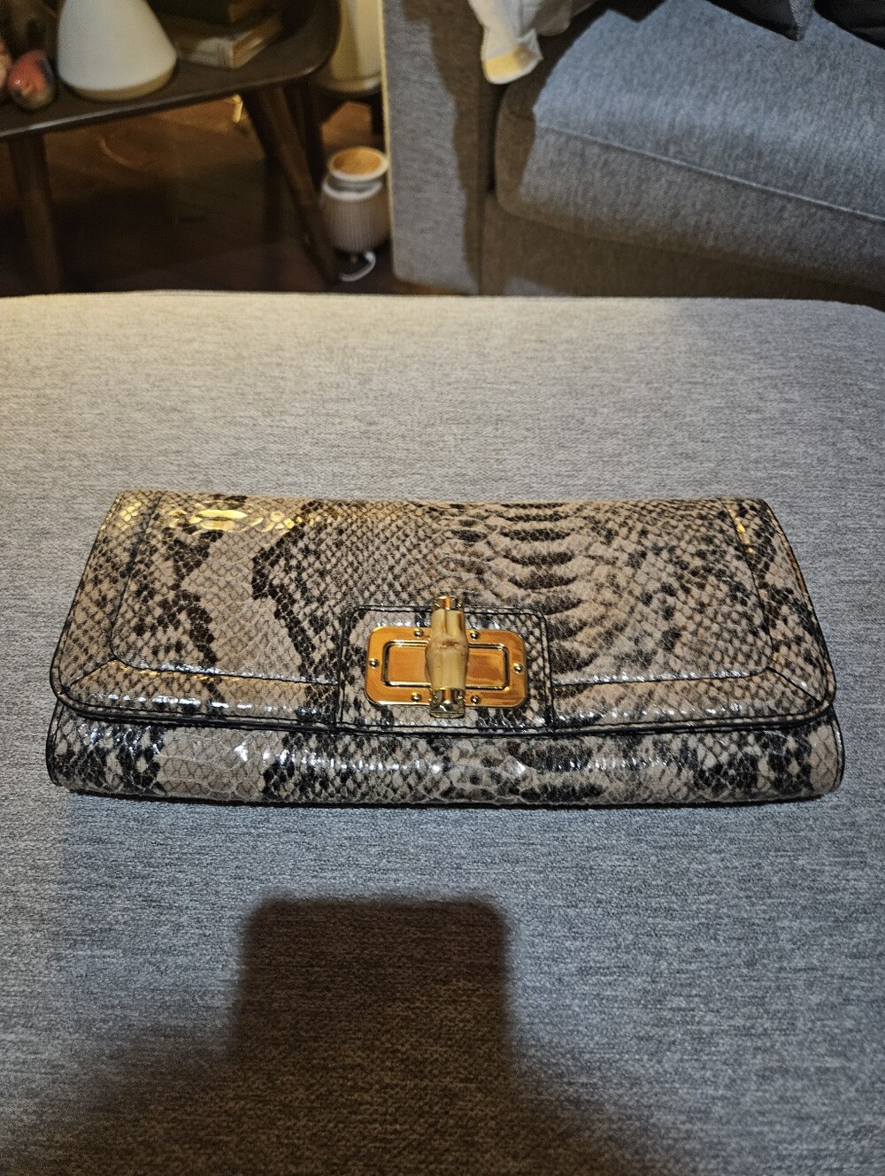 Vintage Bananna Republic Snake-Print Patent Leather Clutch with Gold-Tone Lock